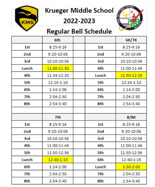 Krueger Middle School Bell Regular Bell Schedule 